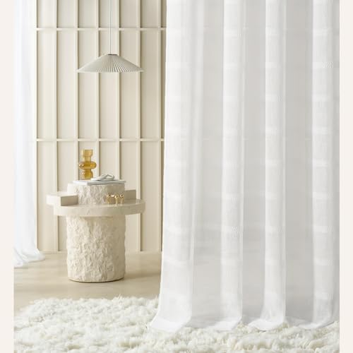 ROOM99 Rideau Voilage Transparent avec Oeillets Maura 140 x 250 cm Décorations pour Maison Salon Chambre Fenêtre Intérieur de charmantes Rayures Horizontales Blanc, 1...