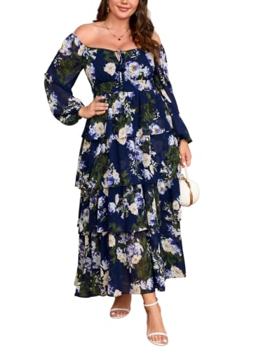 Image of EYWOL Plus Size Long Sleeve Floral Tiered Semi Formal Wedding Guest Dress