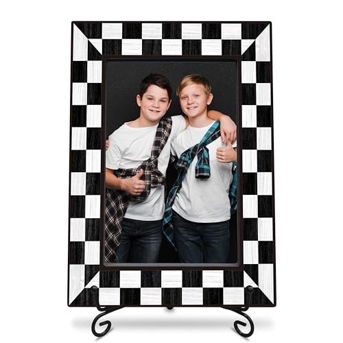 Nuckxy wooden frame with black metal stand - checkerboard theme - wooden frame for 4"x 6" vertical picture, birthday gift, classic photo frame, gift and decorations (A07)
