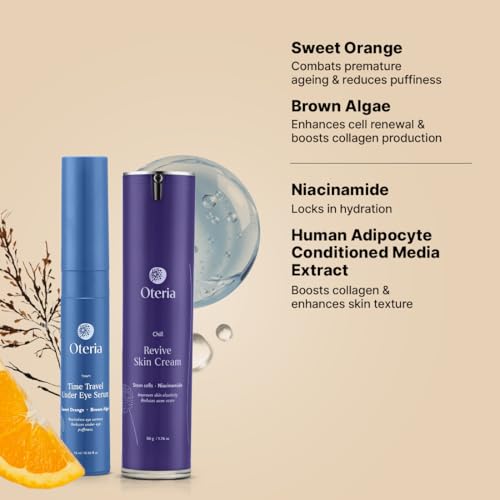Image of OTERIA Time Travel Under Eye Serum (15ml) and Revive Skin Cream (50g) Combo for Women and Men | For Wrinkles Dark Circles Anti Ageing | Pigmentation & Under Eye Puffiness Removal (Pack of 2)