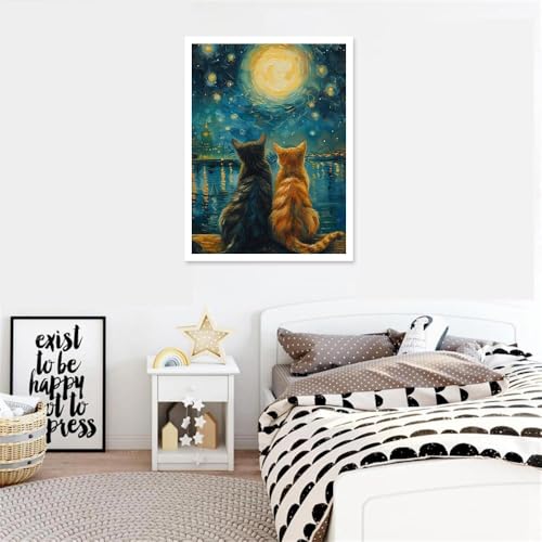 Image of Cat Paint by Numbers for Adults with Easel, Framed Painting by Numbers kit on Canvas for Beginners, Starry Night Oil Painting Set Craft Supplies, 3 Paintbrushes and Acrylic Paint 12x16 Inch