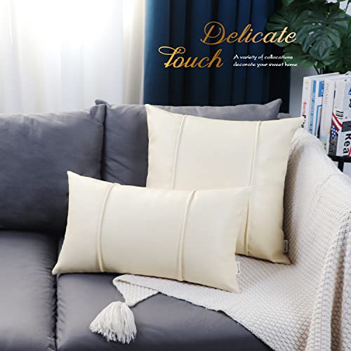 Image of BRAWARM Cream Leather Throw Pillow Covers 22 X 22 Inches - Faux Leather Pillow Cover with Piping, Hand Stitched Faux Leather Throw Pillow for Couch Sofa Bed Living Room Home Decorative