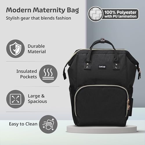 Image of LuvLap Lily Multifunctional Waterproof Diaper Bag for Mothers for Travel, Mother Travelling Bag, Backpack Cum Tote bag for Mothers, 24L Large storage capacity with 15 pockets (Black)