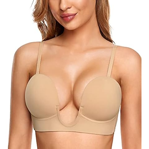 JOATEAY Women's Deep U Plunge Sexy Push Up Underwire Bra Low Cut Convertible Halter Bra Seamless Padded(Nude 34D) Cover