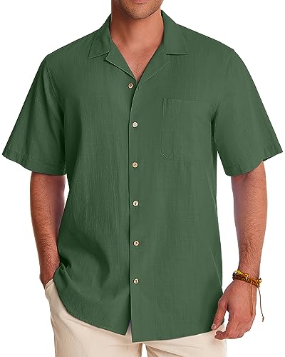 Image of Alimens & Gentle Mens Linen Shirts Cotton Hawaiian Shirts Short Sleeve Button Down Shirts Casual Summer Beach Tops