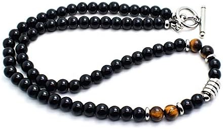 TreasureBay Handmade Mens Tigers Eye Onyx Beaded Necklace Chain Natural Gemstones Healing Crystal Jewellery (Black Onyx/Tiger's Eye)