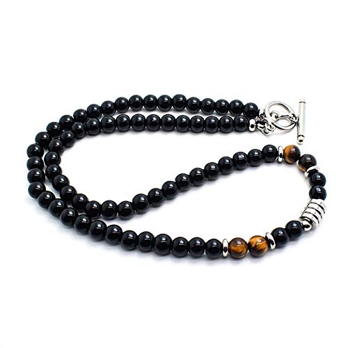 Image of Treasure Bay Handmade Mens Tigers Eye Onyx Beaded Necklace Chain Natural Gemstones Healing Crystal Jewellery (Black Onyx/Tiger's Eye)