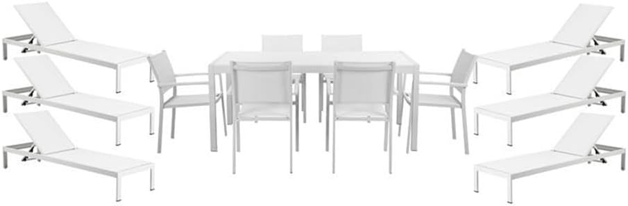 Pemberly Row Contemporary Aluminum Patio Dining Set, 13-Piece, White Finish, Includes 6 Stackable Chairs, 1 Table with Umbrella Hole, 6 Loungers with Wheels, Weather-Resistant Outdoor Furniture