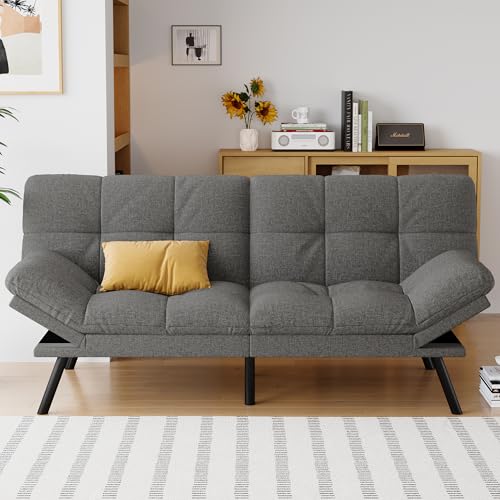 AMICLIBER Futon Sofa Bed Convertible Couch, Grey Linen Sofa...