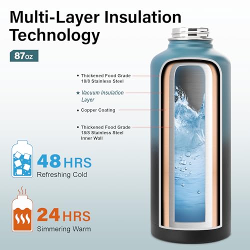Insulated Water Bottle | Thickened Stainless Steel for Gym and Hiking with Straw, Carrier Bag, Handle Strap | BPA-Free 87 oz