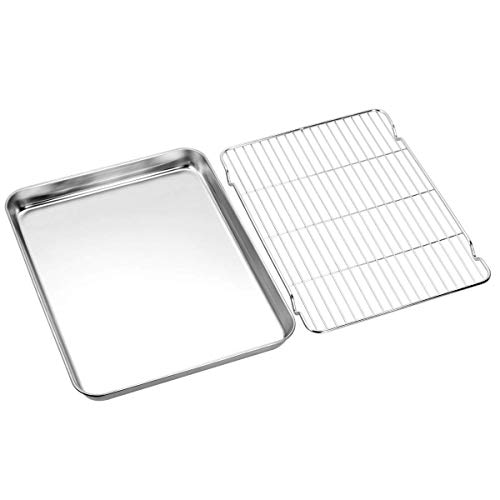 Nonstick Baking Sheet With Rack Set, Toaster Oven Tray Pan Stainless Steel Cookie Sheet With Cooling Rack Baking Pans Rectangle Size 12.2 X 9.6 X 1 Inch #TOP4