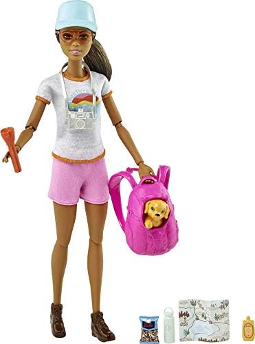Barbie Hiking Doll, Brunette, with Puppy & 9 Accessories, Including Backpack Pet Carrier, Map, Camera & More, Gift for Kids 3 to 7 Years Old