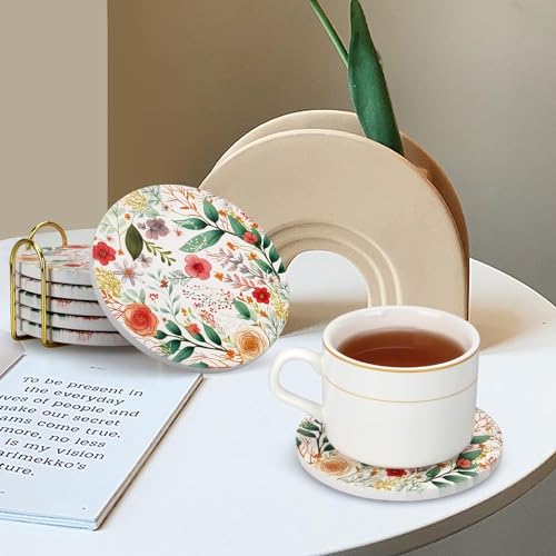 Image of 6 Pcs Cute Flower Drink Coasters with Holder Modern Wood Absorbent Coasters Decorative Coffee Table Set of 6 Desk Vintage Outdoor Colorful Floral Tea Cup Decor Coasters Gift