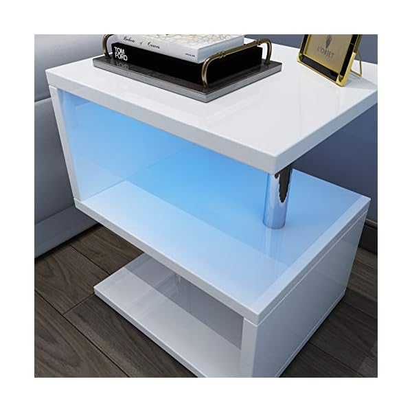 YOLEO Coffee Table Side Table for Living Room Modern White High Gloss End Table with 2 Tier Storage Shelves and Blue LED Light - Image 7