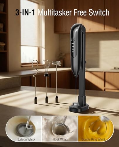 Image of Dynooper Electric Milk Frother Handheld: coffee frother rechargeable 3 in 1 - LED Display, Wireless Charging - 3 Speeds, Stainless Steel Whisk for Latte, Cappuccino - Bright Grey
