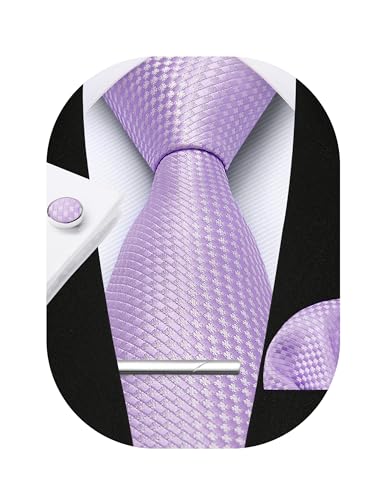 Image of HISDERN Plaid Ties for Men Classic Checkered Tie and Pocket Square Cufflinks Tie Clip Set Woven Men's Necktie Business