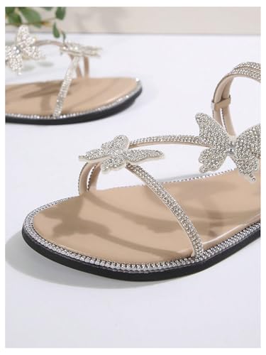 Image of OYOANGLE Women's Silver Rhinestone Sandals Sparkly Dressy Flat Sandals