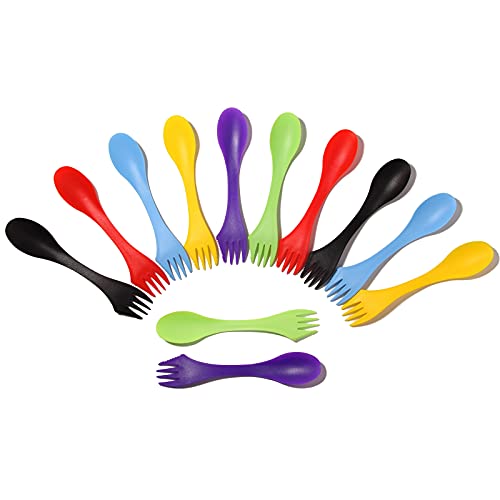 reusable plastic spoons and forks - Arroyner 12Pcs Plastic Sporks Tritan Sporks 3 in 1 Travel Fork for Camping, Travel, Home, Restaurant (7 Inch)