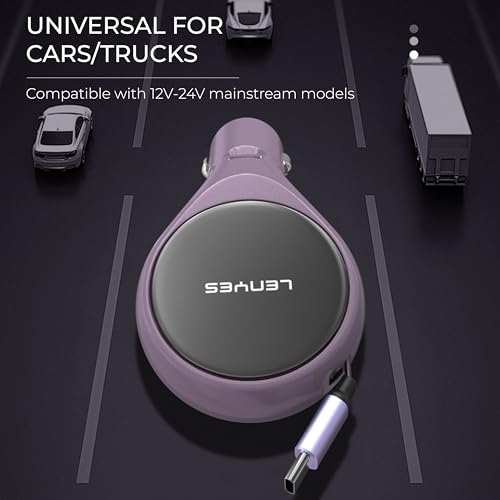 Image of Lenyes CA820 60W Car Charger | Dual Output with 80cm Retractable Type-C Cable | 30W PD Fast Charging | 2-in-1 Adapter for Type-C Devices | Compact Car Accessory (Purple)