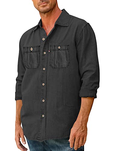 Men's Button Down Shirts Denim Long Sleeve Casual Loose Shirt Tops with Pockets2