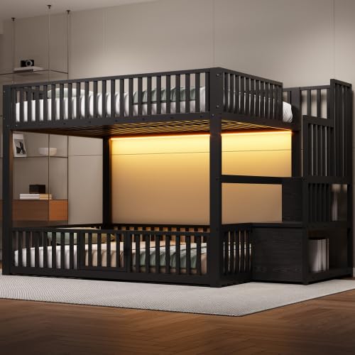 Merax Lit superposé noir 140 x 200 cm avec échelle de rangement, éclairage LED, lit mezzanine pour enfants et adolescents, lit mezzanine avec grilles de protection