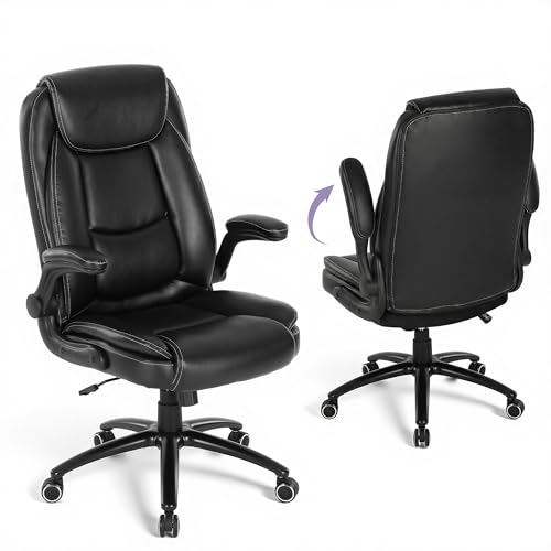 Image of 300lbs Capacity Executive Desk Chair Set of 2 with Ergonomic Lumbar Support, Flip-up Arms & High Back Leather Computer Chair for Home /Office, Black