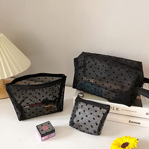 KKBGN 5 Pieces Heart Mesh Makeup Bags Set, Portable Travel Toiletry Bag Travel Makeup Organizer Bag Cosmetic Bags for Women Girls, Small Items Storage Organizer for Home Office Travel (Black) - Image 5