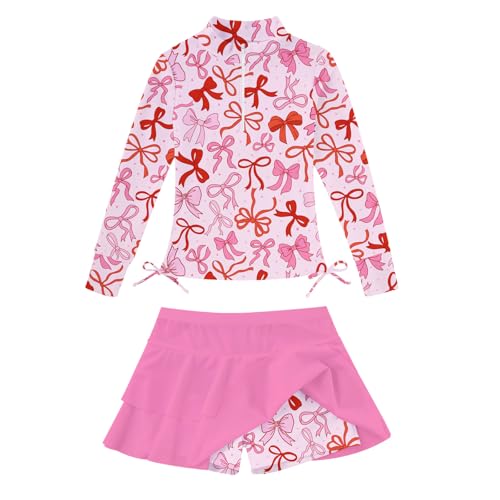 Image of Vogseek 3-12T Girls Swimsuit Long Sleeve Rashguard Bathing Suits Swim Set | Quick Dry, UPF 50+ Sun Protection, Swimming Skirt, Boyshorts, Zipper Two Piece Long Sleeve Swimsuits, Adjustable Drawstring