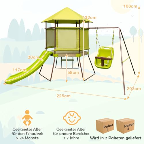 DREAMADE 4 IN 1 Spielturm mit Rutsche & Schaukel & Spielhaus & Leiter, Klettergerüst Outdoor Kinder Kletterturm aus Metall für den Garten