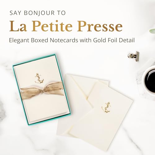 Image of Graphique Anchor La Petite Presse Boxed Notecards - 10 Embossed and Embellished Gold Foil Anchor Blank Cards with Matching Envelopes, 3.25 inch x 4.75 '