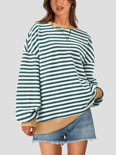 Image of PRETTYGARDEN Womens Striped Oversized Sweatshirt Color Block Crew Neck Long Sleeve Casual Loose Pullover Top Y2K Clothes