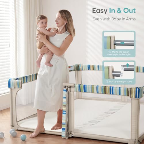 Image of Baby Playpen Portable, Pre-Assembled Play Pen 59x59 Large Foldable Playpen for Babies and Toddlers, Sturdy and Safe Toddler Play Yard Indoor Outdoor with Carry Bag, Light Khaki-Stripe