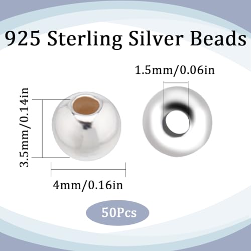 SUNNYCLUE 1 Box 50Pcs Genuine 925 Sterling Silver Beads 4mm Round Beads Bulk Smooth Seamless Ball Bead Rondelle Loose Spacer Beads Metal Spacers for Jewellery Making Beading Kits DIY Crafts Supplies - Image 2
