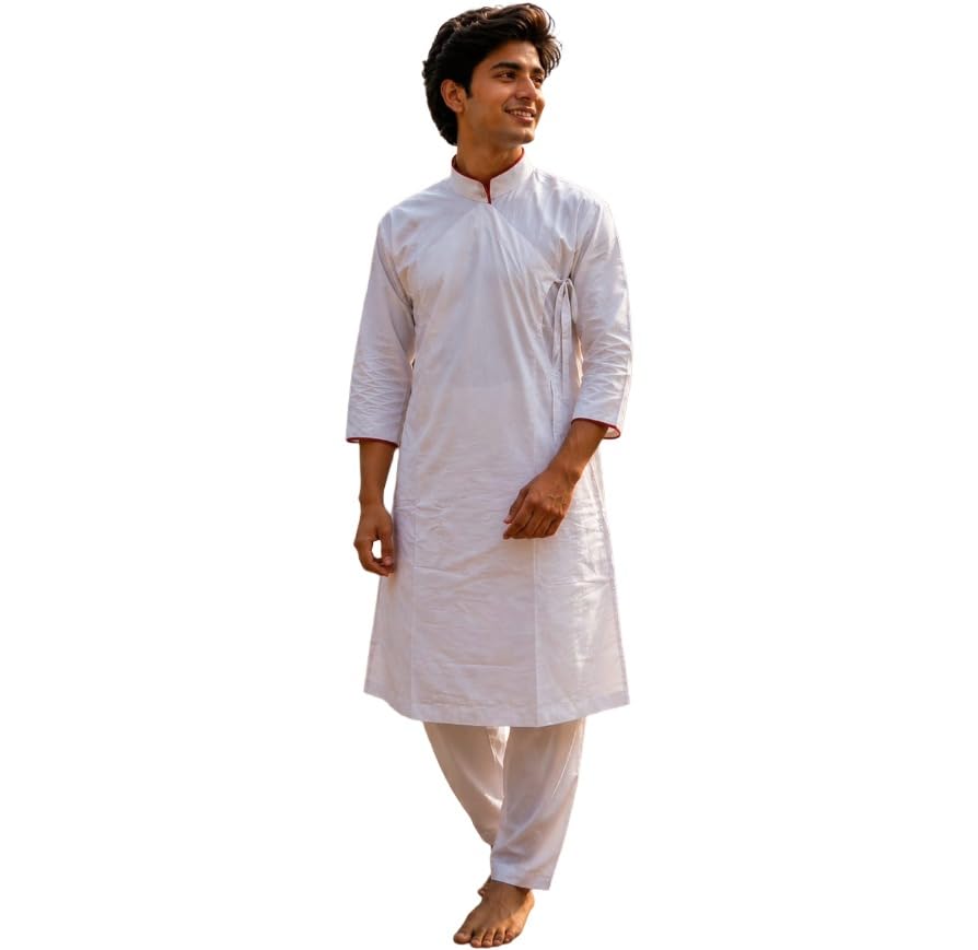 Men’s Angrakha Bagalbandhi Kurta with Embroidered Lace Border | Traditional Side-Tie Ethnic Wear | Festive, Wedding (in, Alpha, XL, Regular, White & Red)-image-13