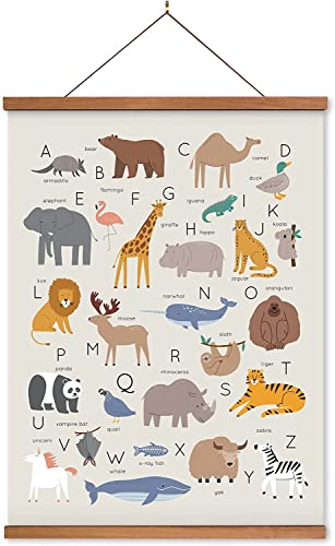 Image of Lenny's World Animal Alphabet Poster on Linen Canvas with Teak Wooden Hanger (ABC Animals) Durable Ready to Hang Learning Poster for Babies and Kids