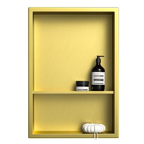 Stainless steel shower niche with 2-tier shelves – 18x12 in gold
