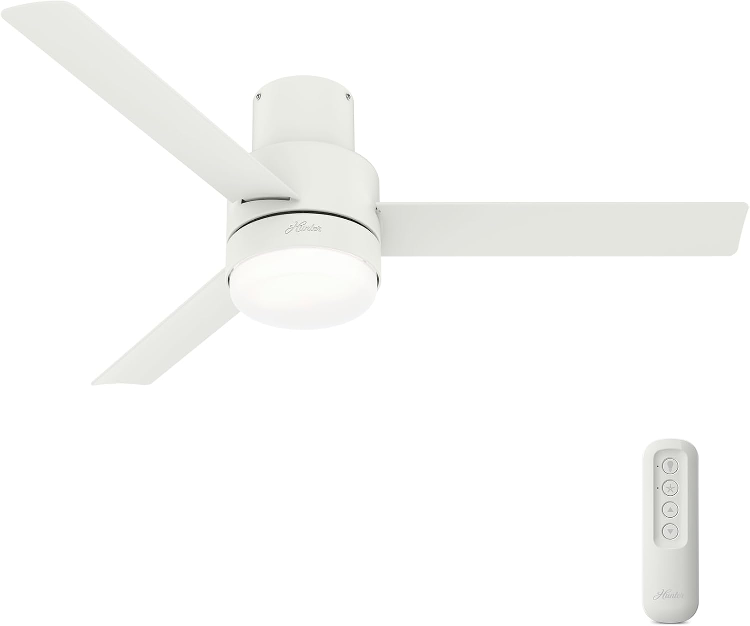 Hunter 52 inch Outdoor or Indoor Ceiling Fan with LED Light and Remote Control - Low Profile Mount Ceiling Fan, 3 Blades, For Patio, Porch, Garage, or Living Room, Quiet - Gilmour 51840, Matte White