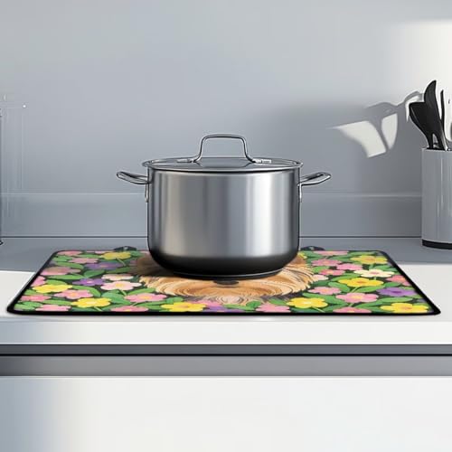 Image of Poceacles Stove Cover for Stovetop, Induction Electric Stove Top Protector Oil Resistant Heat Resistant Washer Dryer Top Mat, 29 inch x 21 inch, Yorkshire Terrier Puppy Yorkie Dog Floral Pattern