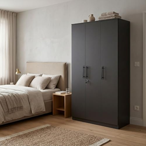 Image of FFO Metrix 3 Door Wardrobe for Bedroom | Black Wooden Almirah with Hanging Rod, Shelves & Lock | Spacious Clothes Storage Cabinet for Home, Bedroom, Hostel & Office | Modern Engineered Wardrobe DIY.