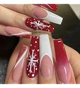 Snowflake Press on Nails Long Coffin Christmas Fake Nails with Designs White French Tip Glue on N...