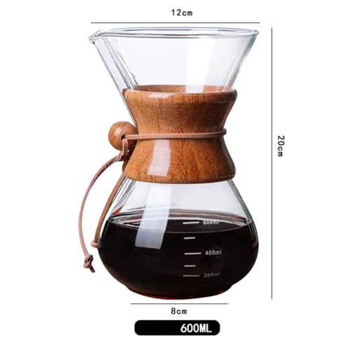 Kit Cafeteira de Vidro Borossilicato, 600 ml, Passador de Café em Alça de Madeira, e Filtro de Inox,