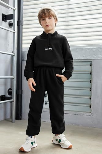 Image of Arshiner Toddler Boys Letter Embroidery Half Zip Sweatshirt & Pants Set Fuzzy Fleece Fall Winter Outfits 2~6 Years
