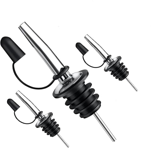 3 Pcs Bottle Pourers for Spirits with Rubber Dust Cap Liquor Pourer Speed Pourers Wine Bottle Spirits Pourers Tapered Spout with Rubber Dust Caps for Olive Oil Coffee Syrup Vinegar Bottles