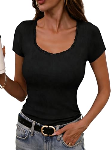 Terecey Tshirt Damen Schwarz mit Eckigem Ausschnitt Elegant Oberteile Gerippt Stretch Tshirt Kurzarm Slim Fit Shirts Sexy Casual Basic Tops, Tiefschwarz L