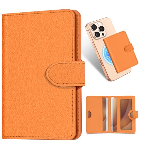 Image of Shorogyt for Magnetic Phone Wallet Compatible with Magsafe Card Holder - Luxury Slim Leather Mag Wallets for Women Men Fit 4 Cards, for iPhone 17 /16 /15 /14 /13 /12 Series, Lychee Orange, 2.5 inch x 0.3 inch x