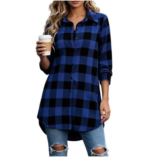Plaid Shirts for Women Casual Button Down Shackets Business Blouse Top (US, Alpha, Large, Regular, Regular, Blue) - image 6