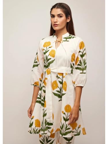 Image of Leriya Fashion White Kurti Set for Women | V-Neck Straight Kurta Sets for Woman | Summer Co ord Set For Women Stylish | Ethnic Kurtis for Office Outfit | Floral Printed Kurtis 3 /4 Sleeve
