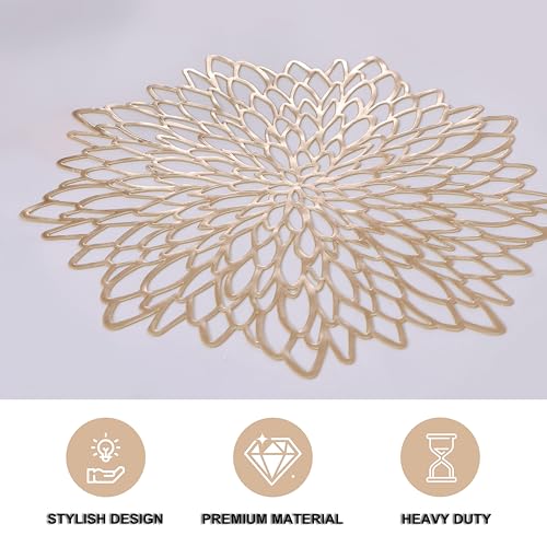 Snowkingdom 4 Pack Gold Placemats Metallic Pressed Vinyl Golden for Dinning Table Place Mats Round Floral Charger Decoration for Christmas Thanksgiving Holiday Wedding