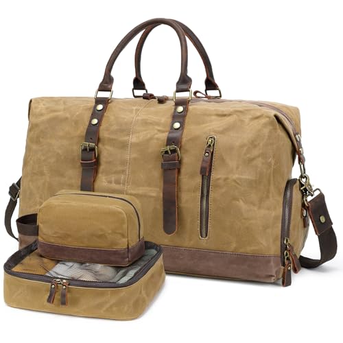 Yamons Duffel Bag for Travel: Leather Weekender Overnight Bag Vintage Waxed Canvas Duffle Bag with Shoe Compartment & 2 Packing Cubes, Waterproof Camping Gym Sports Bags for Mens (Khaki)
