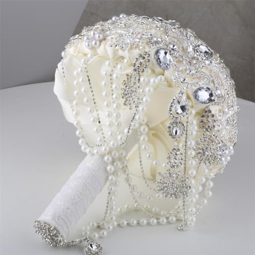 Image of MaxxCloud Luxury Gatsby-Inspired Vintage Wedding Golden Brooch Bouquets Handmade Sliver Bling Glam Wedding Bridal Bouquet (Ivory, 7.1'' /18cm)